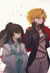 1boy 1girl aged_down arms_behind_back black_coat black_hair blonde_hair blue_eyes breasts chinese_clothes coat commentary_request cowboy_shot don_quixote_(project_moon) expressionless feather_boa hair_between_eyes height_difference heterochromia highres hong_lu_(project_moon) jeehyung_seo limbus_company long_hair own_hands_together pants pink_petals ponytail popped_collar project_moon red_eyes sancho_(project_moon) shirt short_hair simple_background white_pants white_shirt wide_sleeves