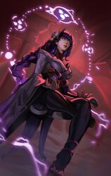 1girl asymmetrical_sleeves black_panties black_thighhighs blunt_bangs blurry blurry_background braid bridal_gauntlets closed_mouth crossed_legs depth_of_field electricity floating genshin_impact glowing glowing_eyes hair_ornament hair_ribbon highres japanese_clothes kimono long_braid long_hair looking_ahead looking_up meditation mitsudomoe_(shape) mole mole_under_eye moon neck_ribbon off_shoulder oracle_chan panties purple_eyes purple_kimono purple_ribbon raiden_shogun red_background red_moon red_ribbon red_sash ribbon sash share single_braid sketch solo thighhighs tomoe_(symbol) underwear uneven_sleeves wide_sleeves