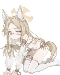 1girl absurdres animal_ears bikini blonde_hair blue_archive bracelet dancer detached_sleeves extra_ears forehead fox_ears fox_girl gold_bracelet gold_necklace highres jewelry kneeling long_hair looking_at_viewer mask necklace see-through_clothes see-through_mask see-through_sleeves seia_(blue_archive) sidelocks swimsuit thighhighs white_bikini white_thighhighs yellow_eyes yoru_uyo