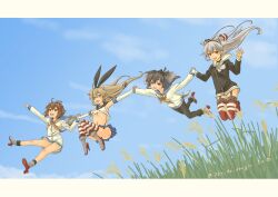 Rule 34 | 4girls, absurdres, amatsukaze (kancolle), binoculars, black hair, black panties, blonde hair, blue sky, brown eyes, dress, elbow gloves, garter straps, gloves, gradient hair, grey hair, hair tubes, hairband, hat, highleg, highleg panties, highres, jumping, kantai collection, long hair, multicolored hair, multiple girls, neckerchief, open mouth, panties, pantyhose, pot-de, reeds, sailor dress, school uniform, serafuku, shimakaze (kancolle), short hair, short hair with long locks, skirt, sky, smokestack hair ornament, striped clothes, striped thighhighs, thighhighs, tokitsukaze (kancolle), two side up, underwear, white gloves, yellow neckerchief, yukikaze (kancolle)