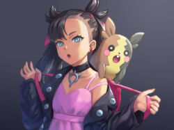 1girl black_hair black_jacket blue_eyes choker commentary_request dress flat_chest gen_8_pokemon jacket long_hair looking_at_viewer marnie_(pokemon) morpeko morpeko_(full) nintendo open_clothes open_jacket open_mouth pink_dress pokemon pokemon_swsh shigumo_(shigeru) solo twintails upper_body