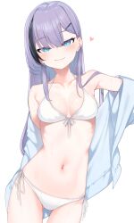 1girl bikini black_hair blue_eyes blue_shirt breasts closed_mouth commentary_request cowboy_shot front-tie_bikini_top front-tie_top hair_ornament hairclip heart highres long_hair looking_at_viewer medium_breasts multicolored_hair original otokuyou paid_reward_available purple_hair shirt side-tie_bikini_bottom simple_background solo streaked_hair swimsuit white_background white_bikini