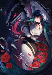 1girl absurdres bare_shoulders black_bow black_choker black_gloves bow choker commentary_request dark_miku_(project_voltage) dress earrings feet_out_of_frame flower gen_8_pokemon glint gloves glowing glowing_eyes hair_between_eyes hat hat_bow hatsune_miku highres holding holding_microphone holding_poke_ball holding_umbrella jewelry long_hair long_sleeves looking_at_viewer luxury_ball microphone nintendo obstagoon poke_ball pokemon pokemon_(creature) project_voltage red_eyes red_flower red_rose rose salmontea sharp_teeth shoulder_tattoo smile solo tattoo teeth tongue tongue_out twintails twitter_username umbrella very_long_hair vocaloid water