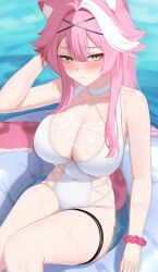 1girl 4kebidayo absurdres animal_ear_fluff animal_ears bare_arms bare_shoulders blush breasts cat_ears choker cleavage closed_mouth collarbone commentary covered_navel hair_between_eyes hair_intakes hashtag-only_commentary highres hololive hololive_english huge_breasts large_breasts long_hair looking_at_viewer multicolored_hair one-piece_swimsuit panther_ears panther_girl panther_tail pink_hair raora_panthera sidelocks sitting solo streaked_hair swimsuit tail thigh_strap thighs very_long_hair virtual_youtuber water wet white_choker white_hair white_one-piece_swimsuit yellow_eyes