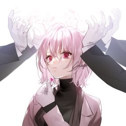androgynous artist_name gender_request gloves hands_up heart long_sleeves original red_eyes simple_background solo_focus sukja upper_body white_background white_gloves white_hair