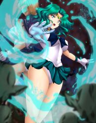 2girls 3boys ass back-to-back bishoujo_senshi_sailor_moon blonde_hair blue_eyes blue_ribbon blue_sailor_collar blue_skirt breasts choker covered_navel gloves goblin green_hair green_sailor_collar green_skirt highres kaiou_michiru large_breasts leotard long_hair looking_at_viewer m.i.y magic magical_girl miniskirt monster_boy multiple_boys multiple_girls open_mouth paid_reward_available reaching reaching_towards_viewer ribbon sailor_collar sailor_neptune sailor_senshi_uniform sailor_uranus short_hair skirt star_(symbol) ten&#039;ou_haruka tiara white_gloves white_leotard