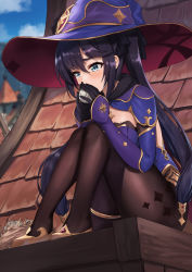 1girl aqua_eyes ayul_(ayulneri_92) black_gloves black_hair blue_leotard blue_sky bodystocking breasts cape covered_navel day egg genshin_impact gloves hat hat_ornament highleg highleg_leotard highres jewelry knees_up legs leotard long_hair looking_at_viewer medium_breasts mona_(genshin_impact) nest pantyhose rooftop sitting sky solo tearing_up thighlet thighs twintails witch_hat