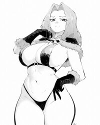 1girl belly bikini breasts capelet cleavage closed_mouth fur-trimmed_capelet fur_trim gloves greyscale highres large_breasts long_hair looking_at_viewer methode_(sousou_no_frieren) miregeist monochrome navel ribbon sideboob simple_background sousou_no_frieren swimsuit thick_thighs thighs thong thong_bikini