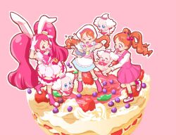 Rule 34 | &gt; &lt;, 3girls, animal ears, animal shoes, ankle socks, apron, bare arms, batter, beret, big hair, blue dress, blueberry, boots, bow, bow skirt, bowl, bowtie, brooch, brown hair, buttons, cure whip, dog, dot nose, dress, extra ears, eyelashes, floppy ears, flower, flower brooch, food, food-themed hair ornament, food print, footwear ribbon, frilled apron, frilled skirt, frilled sleeves, frills, fruit, fruit print, full body, green ribbon, hair ornament, hands on own head, hat, hat bow, heart, heart print, high heel boots, high heels, holding, holding bowl, holding spoon, jewelry, kagekaku, kirakira patisserie uniform, kirakira precure a la mode, layered skirt, leg up, long hair, looking at animal, looking at viewer, low twintails, lower teeth only, magical girl, miniskirt, multiple girls, multiple persona, nervous, on food, one eye closed, open mouth, outline, paw pose, pekorin (precure), pinafore dress, pink background, pink bag, pink boots, pink bow, pink bowtie, pink dress, pink eyes, pink hair, pink socks, pink vest, pleated dress, pom pom (clothes), poodle, precure, puffy short sleeves, puffy sleeves, rabbit ears, rabbit tail, ribbon, shirt, shoes, short dress, short sleeves, simple background, skirt, sleeveless, sleeveless dress, smile, sneakers, socks, spilling, spoon, standing, stirring, strawberry brooch, strawberry hair ornament, strawberry print, sweatdrop, tail, tareme, teeth, twintails, two-tone bag, usami ichika, very long hair, vest, waist bag, white apron, white hat, white outline, white shirt, white shoes, white skirt, wide-eyed, yellow bag, yellow flower, yellow skirt
