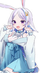 1girl :d alternate_costume animal_ears ascot ayuko_ammobium blue_bow blue_bowtie blue_hair blue_skirt bow bowtie braid breasts collared_shirt colored_inner_hair commentary_request cowboy_shot hair_ornament halter_shirt halterneck hands_up high-waist_skirt highres japanese_clothes kemonomimi_mode kimono light_blush lize_helesta long_hair long_sleeves looking_at_viewer miniskirt multicolored_hair nijisanji off_shoulder open_clothes open_kimono open_mouth parted_bangs paw_pose pleated_skirt print_kimono purple_eyes rabbit_ears rabbit_hair_ornament shirt sidelocks simple_background single_braid skirt small_breasts smile solo streaked_hair thighhighs two-tone_hair very_long_hair virtual_youtuber white_ascot white_background white_hair white_kimono white_shirt zettai_ryouiki