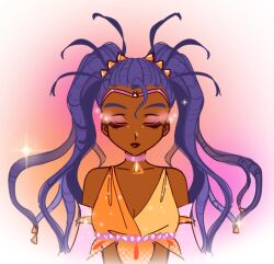 Rule 34 | 1girl, alternate costume, armlet, bad id, bad twitter id, bare shoulders, border, breasts, chocofish, choker, circlet, cleavage, closed eyes, closed mouth, collarbone, commentary, crop top, dark-skinned female, dark skin, dreadlocks, elbow gloves, enchantix, english commentary, expressionless, eyeshadow, glitter, gloves, hair ornament, halftone, highres, jewelry, lipstick, long hair, magical girl, makeup, orange background, orange shirt, pink background, pink choker, pink eyeshadow, pink gloves, purple hair, red lips, round border, shirt, solo, sparkle, straight-on, taranee cook, twintails, two-tone background, two-tone shirt, upper body, very dark skin, very long hair, w.i.t.c.h., white border, winx club, yellow shirt