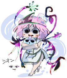 1other androgynous aodo_mikan bare_arms bare_legs bare_shoulders barefoot blush_stickers character_name commentary_request creature dress drooling energy_wings excited full_body ghost_(len&#039;en) highres hitodama holding holding_creature japanese_clothes len&#039;en looking_at_viewer medium_hair open_mouth other_focus pink_eyes pink_hair pink_wings shadow shion_(len&#039;en) short_dress side_slit signature sleeveless sleeveless_dress smile solo triangular_headpiece walking white_background white_dress wide-eyed wings