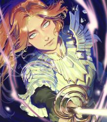 1girl aqua_eyes armor clair_obscur:_expedition_33 closed_mouth commentary_request eyelashes french_commentary glint high_ponytail holding holding_sword holding_weapon kiasherria long_hair looking_at_viewer maelle_(clair_obscur:_expedition_33) ponytail rapier red_hair solo sword weapon