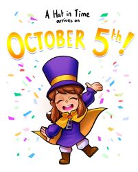 1girl a_hat_in_time arm_up blush boots brown_boots brown_hair cape child closed_eyes commentary confetti copyright_name english_commentary english_text facing_viewer full_body grin hat hat_kid hat_ribbon highres jacket jenna_brown long_hair long_sleeves official_art open_hands open_mouth pants ponytail purple_hat purple_jacket release_date ribbon sidelocks simple_background smile solo standing standing_on_one_leg straight-on teeth top_hat upper_teeth_only white_background white_pants yellow_cape yellow_ribbon zipper_pull_tab