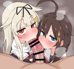 1boy 2girls ahoge ame_(amechan17391739) blonde_hair blue_eyes blush brown_hair cooperative_fellatio fellatio full-face_blush group_sex hetero kantai_collection licking licking_penis long_hair multiple_girls oral penis pov red_eyes school_uniform shigure_(kancolle) shigure_kai_ni_(kancolle) simple_background steam steaming_body teamwork_(sexual) threesome yuudachi_(kancolle) yuudachi_kai_ni_(kancolle)
