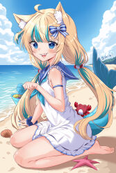 1girl absurdres animal_ear_fluff animal_ears arm_strap barefoot blonde_hair blue_bow blue_eyes blue_neckerchief blue_sailor_collar blue_sky blue_streaks bow bracelet bucket cat_ears cloud crab day design_speculation dress feet fins fish_tail hair_bow highres holding_seashell indie_virtual_youtuber jewelry low_twintails neckerchief ocean sailor_collar sailor_dress sameko_saba sand seashell seiza sharp_teeth shell sitting sky solo starfish tail teeth twintails varliet virtual_youtuber white_dress