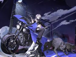 1girl absurdres arm_tattoo armpits barbed_wire bare_shoulders belt black_coat black_footwear black_gloves black_pants black_tank_top blue_eyes boots breasts broken_fence chain chain-link_fence chinese_commentary city clothing_cutout cloud coat coat_on_shoulders combat_boots commentary debris engine eyeliner eyeshadow fake_claws fence full_body gloves grey_wolf hair_over_one_eye handlebar highres kong_tiao_bo_zi large_breasts linea_alba looking_at_viewer makeup medium_hair motor_vehicle motorcycle multiple_belts navel night night_sky pants path_to_nowhere pink_hair pole purple_eyeshadow purple_lips rubble ruins shoulder_tattoo side_cutout sideboob sky smile speedometer spotlight standing stomach tank_top tattoo turtleneck underbust upswept_hair wheel wolf zoya_(path_to_nowhere)