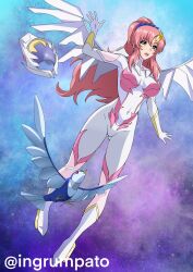 1girl bird blue_eyes blush bodysuit breasts commentary gundam gundam_seed gundam_seed_freedom hair_ornament helmet highres kyomeihibiki lacus_clyne long_hair mecha_pilot_suit mechanical_wings non-humanoid_robot normal_suit_(gundam) open_mouth pilot_helmet pink_hair ponytail robot robot_animal science_fiction smile unworn_headwear unworn_helmet very_long_hair white_bodysuit wings
