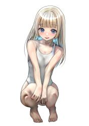 1girl absurdres bare_shoulders blonde_hair blue_eyes blush breasts collarbone covered_navel emutsuichi highres long_hair looking_at_viewer navel one-piece_swimsuit open_mouth original school_swimsuit simple_background small_breasts smile solo swimsuit white_background white_one-piece_swimsuit