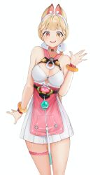 1girl ad4m_box alice_thymefield alice_thymefield_(sea_of_thyme) animal_ears blonde_hair blush braid breasts cleavage heterochromia highres long_hair low_twintails nervous nervous_smile official_alternate_costume orange_eyes rabbit_ears rabbit_girl red_eyes scene_reference simple_background smile sphere_hair_ornament swimsuit twintails very_long_hair waving yellow_eyes zenless_zone_zero