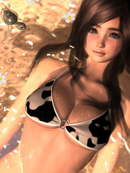 1girl 3d animal_print bikini blush breasts brown_eyes brown_hair cleavage cow_print cow_print_bikini female_focus flower hair_ornament hinemaru large_breasts long_hair o-ring o-ring_bikini print_bikini solo swimsuit water wet