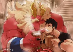 2boys ^_^ alcohol bara beard beer biceps black_hair closed_eyes colored_skin cup dragon_horns facial_hair foam_mustache forked_eyebrows furry furry_male furry_with_non-furry gardie_(otsukimi) highres holding holding_cup horns huge_eyebrows indoors interspecies kouhei_(otsukimi) large_hands lion_hair male_focus multiple_boys muscular muscular_arms muscular_male noses_touching nude original otsukimi pectorals red_skin shirt short_hair sideburns sideburns_stubble size_difference smile steam stubble t-shirt table thick_eyebrows tomato upper_body wristband yaoi