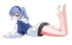 Rule 34 | 1girl, absurdres, asymmetrical sidelocks, barefoot, black skirt, blue eyes, blue hair, blue jacket, chrispy tuna, closed mouth, commentary, double-parted bangs, english commentary, feet up, from side, full body, hair between eyes, headphones, highres, hololive, hood, hooded jacket, hoshimachi suisei, hoshimachi suisei (11th costume), jacket, long hair, looking at viewer, lying, miniskirt, multicolored jacket, official alternate costume, on stomach, pleated skirt, ponytail, simple background, skirt, sleeves past wrists, smile, solo, star (symbol), star in eye, symbol in eye, the pose, two-tone jacket, virtual youtuber, white background, white jacket