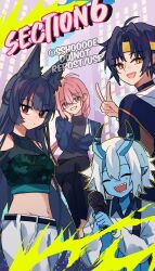 1boy 3girls ^_^ absurdres animal_ear_fluff animal_ears asaba_harumasa black_choker black_hair black_pants blue_oni blue_skin blunt_bangs choker closed_eyes collared_shirt colored_skin crop_top crossed_legs fox_ears fox_girl glasses hair_between_horns headband highres holding holding_microphone horns hoshimi_miyabi long_hair microphone multicolored_horns multiple_girls navel oni pants pink_eyes pink_hair shirt smile soukaku_(zenless_zone_zero) sshooooe tsukishiro_yanagi two-tone_horns v white_hair white_pants white_shirt yellow_headband zenless_zone_zero