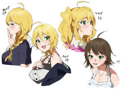 1girl absurdres ahoge alternate_hairstyle awakened_miki blonde_hair braid breasts brown_hair cleavage collarbone cropped_torso green_eyes hair_between_eyes highres hoshii_miki idolmaster idolmaster_(classic) idolmaster_1 jacket katsu_(kana) long_hair looking_at_viewer multiple_views open_mouth shirt short_hair short_sleeves simple_background smile twintails white_background