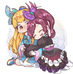 blonde_hair blush braid brown_eyes chacha chibi gloves hair_ornament hair_ribbon high_heels hosokawa_gracia hug japanese_clothes kimono lace-trimmed_sleeves lace_trim long_hair medium_hair obi open_mouth platform_sandals red_hair ribbon sash sengoku_musou skirt smile tabi twintails