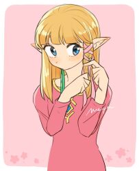 Rule 34 | 1girl, blonde hair, blue eyes, blunt bangs, border, dress, green ribbon, hair ribbon, long hair, long sleeves, maya (mayamayammy), mouth hold, nintendo, outside border, pink background, pink dress, pink ribbon, pointy ears, princess zelda, ribbon, ribbon in mouth, signature, solo, the legend of zelda, the legend of zelda: skyward sword, white border