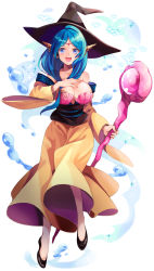 1girl :d apple972 bare_shoulders blue_eyes blue_hair breasts detached_sleeves dress female_focus full_body hand_on_own_chest hat highres inzup large_breasts long_hair long_skirt looking_at_viewer magi_the_labyrinth_of_magic matching_hair/eyes open_mouth shell shell_bikini skirt smile solo staff water wide_sleeves witch_hat yamuraiha