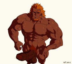 1boy abs bara beard black_sclera colored_sclera completely_nude dark-skinned_male dark_skin facial_hair fire_emblem fire_emblem_heroes foreskin highres huge_penis large_pectorals male_focus male_pubic_hair navel ne0_navi nintendo nipples nude orange_hair pectorals penis pubic_hair red_eyes scar scar_across_eye scar_on_face simple_background solo surtr_(fire_emblem) testicles veins veiny_arms veiny_penis white_background
