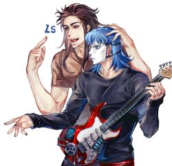 2boys bass_guitar black_nails black_shirt blue_eyes blue_hair brown_eyes brown_hair brown_shirt closed_mouth commentary commentary_request electric_guitar fingernails guitar hair_slicked_back hand_on_another&#039;s_head hand_up highres holding holding_instrument instrument larry_johnson long_hair long_sleeves looking_at_another male_focus medium_hair multiple_boys nail_polish open_mouth pants pointing sal_fisher sally_face shirt short_sleeves standing t-shirt teeth toned toned_male upper_body white_background white_mask zhuoyi7245