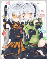 2girls absurdres anby_demara black_gloves closed_mouth fingerless_gloves gloves goggles grey_hair headphones highres looking_at_viewer multiple_girls orange_eyes short_hair simple_background skirt soldier_11_(zenless_zone_zero) thighhighs white_hair yu_(pixiv_91499083) zenless_zone_zero