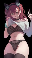 1girl absurdres animal_ear_fluff animal_ear_hairband animal_ears black_background black_bra black_choker black_panties black_thighhighs bra breasts choker cleavage clothes_lift commentary_request dark_skin fake_animal_ears grain hairband highres lifting_own_clothes lingerie long_hair looking_at_viewer mole mole_on_breast navel off_shoulder original panties piercing red_hair scrunchie shirt shirt_lift simple_background solo thighhighs tongue tongue_out tongue_piercing underwear w white_shirt wrist_scrunchie