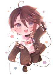 1boy ahoge black_coat brown_hair chibi chibi_only coat hair_between_eyes highres holding holding_microphone looking_at_viewer mi_oxo_9m microphone nijisanji open_mouth saegusa_akina simple_background solo virtual_youtuber white_background