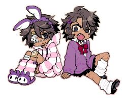 Rule 34 | 2boys, animal ears, animal slippers, bandages, black eyes, black footwear, brown hair, bunny slippers, crossdressing, domestic violence, eyepatch, facial scar, fang, hair ornament, hairclip, heathcliff (project moon), jacket, limbus company, loose socks, medical eyepatch, multiple boys, pants, project moon, purple shirt, rabbit ears, red ribbon, ribbon, scar, scar on cheek, scar on face, scar on leg, shirt, skirt, slippers, socks, striped clothes, striped jacket, striped pants, sweatdrop, touma rui