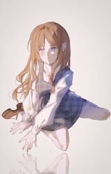1girl absurdres bang_dream! bang_dream!_it&#039;s_mygo!!!!! blue_eyes brown_hair brown_shoes chihaya_anon chihaya_anon_(cosplay) chinese_commentary closed_mouth commentary_request cosplay dress grey_dress highres kanato04249580 long_hair long_sleeves nagasaki_soyo pinafore_dress plaid_clothes plaid_dress shirt shoes sidelocks simple_background sleeveless sleeveless_dress solo unmoving_pattern white_background white_shirt