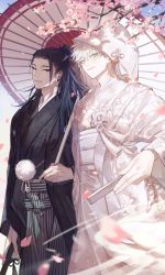2boys absurdres black_eyes black_hair blue_eyes crossdressing dress ear_piercing earrings folding_fan getou_suguru gojou_satoru hand_fan happy highres holding holding_fan japanese_clothes jewelry jujutsu_kaisen kimono long_hair marriage married multiple_boys piercing plug_(piercing) qin_x5 smile traditional_clothes trap uchikake wedding wedding_dress weeding white_hair yaoi
