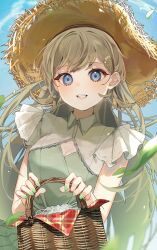 19cro 1girl absurdres bag blue_eyes blush brown_hair cleavage_cutout clothing_cutout commentary_request green_nails grin hanabusa_lisa hat highres long_hair looking_at_viewer smile solo straw_hat virtual_youtuber vspo!