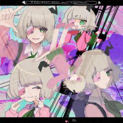 123444422a 1girl :d bandaged_head bandages black_horns blonde_hair blunt_bangs blush cellphone collared_shirt deformed eyepatch green_eyes green_neckerchief green_skirt highres horns long_sleeves looking_at_viewer multiple_views neckerchief open_mouth phone phone_eyepatch pink_sweater puffy_sleeves ruru_(shinsei_kamattechan) shinsei_kamattechan shirt short_hair single_horn skirt smile sweater white_shirt