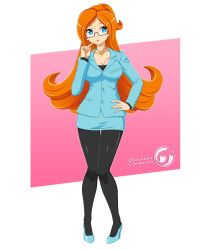 1girl artist_name black_pantyhose blue_eyes blue_footwear blue_jacket blue_skirt breasts cleavage commission earrings formal_clothes glasses hand_on_own_hip high_heels highres jacket jewelry long_hair mona_(warioware) necklace nintendo orange_hair orcaleon pantyhose parted_lips pencil_skirt secretary skirt stud_earrings suit warioware