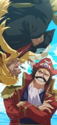2boys ascot beard black_kimono blonde_hair cigar clenched_teeth coat collared_coat commentary_request crossed_arms facial_hair goatee gol_d._roger highres japanese_clothes kimono kinjishi_no_shiki long_hair male_focus multiple_boys mustache one_piece outdoors ovasayuri red_coat short_hair smoke teeth upside-down v-shaped_eyebrows white_ascot
