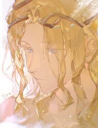1boy 6_(reverse:1999) absurdres artist_name bare_shoulders blonde_hair blue_eyes circlet closed_mouth crying crying_with_eyes_open highres long_hair looking_at_viewer male_focus portrait reverse:1999 signature solo streaming_tears tears white_background you&#039;er