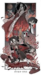Rule 34 | 3boys, bags under eyes, bamboo slips, bandaged ankle, bandaged arm, bandaged chest, bandaged hand, bandaged leg, bandaged neck, bandages, barefoot, black hair, black hanfu, black pants, black shoes, blood, blood on hands, bloody weapon, bone, border, burning, burning clothes, chinese clothes, chinese commentary, chinese text, closed mouth, coat, coin, coin mask, coin sword, collared shirt, covered mouth, creature, dao gui yi xian, eyeball, eyepatch, fire, full body, full moon, hair between eyes, hair bun, half updo, hands up, hanfu, highres, holding, holding sword, holding weapon, holed coin, ji zai, li huowang, li huowang (modern world), li sui (tentacles), long hair, long sleeves, looking at viewer, male focus, mask, moon, mouth veil, multiple boys, multiple persona, multiple views, naked bandage, naked robe, official alternate costume, official alternate hair length, official alternate hairstyle, ofuda, on one knee, one eye covered, open clothes, open mouth, open robe, outside border, pants, red coat, red eyes, red moon, red robe, red theme, robe, scar, scar on chest, scar on face, scar on hand, scar on neck, shirt, shoes, short hair, single hair bun, skeletal arm, skull, smoke, spine, spine sword, squatting, standing, striped clothes, striped shirt, sword, sword on back, talisman, tentacles, torn clothes, veil, very long hair, weapon, weapon on back, white background, white border, white shirt, wide sleeves, xinjinjumin665476218756, yin yang