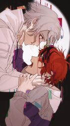 2boys absurdres ahoge aotsuki_eito black_background black_streaks blood blood_on_face bloody_tears blue_eyes blue_jacket eye_contact glitch grey_hair grey_jacket grimace hand_on_another&#039;s_arm highres hood hoodie jacket jacket_over_hoodie looking_at_another male_focus moon multicolored_hair multicolored_jacket multiple_boys open_mouth purple_eyes red_hair screaming short_hair spoilers strangling streaked_hair sumino_takumi the_hundred_line_-last_defense_academy- two-tone_jacket white_hoodie white_jacket xmmmmmm9