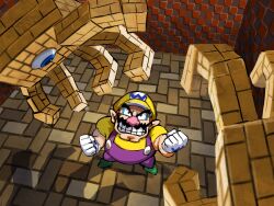1boy clenched_hands clenched_teeth eyeball eyerok facial_hair from_above gloves green_footwear highres looking_up mario_(series) mustache nintendo overalls pointy_ears purple_overalls shirt super_mario_64_ds teeth thick_eyebrows wario white_gloves yamari_(ya_mari_6363) yellow_headwear yellow_shirt