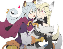 2girls 3_ma_me animal_ears blonde_hair blush cape cosplay elbow_gloves fake_animal_ears gloria_tyler gloves grace_tyler green_eyes grey_hair heart hug long_hair lunalight_gold_leo lunalight_silver_hound multiple_girls red_eyes siblings simple_background sisters white_background yu-gi-oh! yu-gi-oh!_arc-v