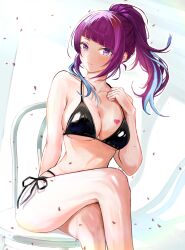 Rule 34 | 1girl, absurdres, bikini, black bikini, breasts, chair, cleavage, crossed legs, heart, highres, idolmaster, idolmaster shiny colors, looking at viewer, multiple boys, on chair, ponytail, purple eyes, purple hair, simple background, sitting, string bikini, swimsuit, tanaka mamimi, yamanade38